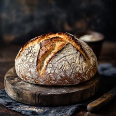 Artisan sourdough loaf on wood, rustic kitchen, flour bowl