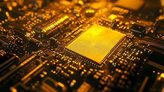 Close-up view of a golden glowing circuit board with a prominent microchip in the center. High-tech, digital, and technological concepts are highlighted.