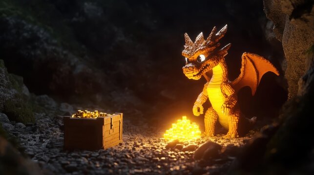 Adorable Baby Dragon Guards Treasure in Dark Cave