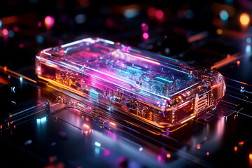Futuristic quantum expansion card with clear casing, showcasing complex quantum processing unit surrounded by floating data streams and holographic symbols for advanced technology