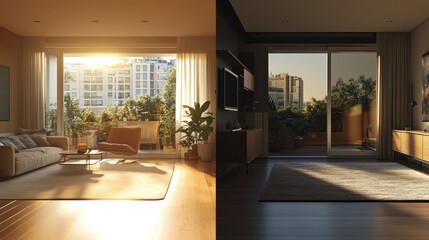 Sunrise/sunset apartment living room comparison; before/after window film