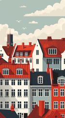 Fototapeta premium copenhagen vector illustration flat design red roofs buildings white clouds minimal clean cityscape