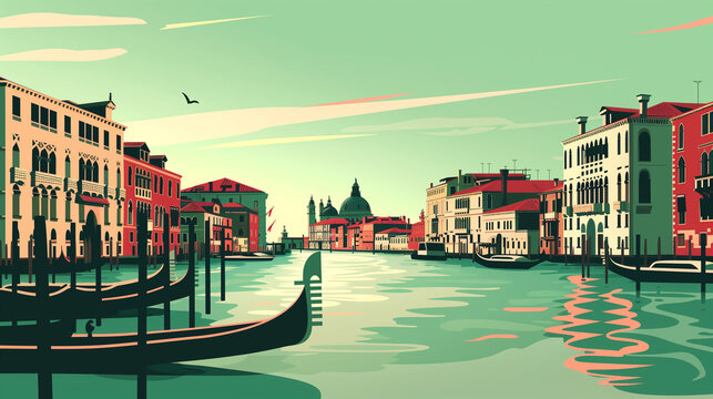 venice vector illustration green background flat design muted colors vintage style clean lines