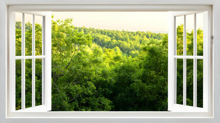 Fototapeta premium Open White Window with Lush Green Landscape View
