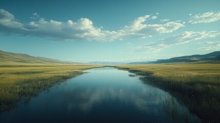 Fototapeta premium Calm river flows through grassy plains under a blue sky; serene landscape ideal for travel brochures