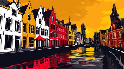 Fototapeta premium bruges city skyline illustration pop art yellow red black color palette vibrant design