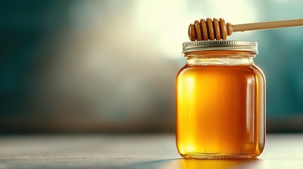 glass jar filled with golden honey and wooden dipper on blurred background. warm light highlights honey rich texture and inviting color