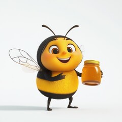 Naklejka premium Cartoon bee holding honey jar, studio shot, joyful