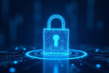 Cybersecurity Lock: A glowing blue digital padlock, symbolising data protection and online security, is displayed against a futuristic digital background.