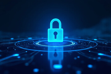 Digital Security: A glowing blue padlock stands as a beacon of cyber security,  its presence illuminating a digital landscape of swirling circuits and data.