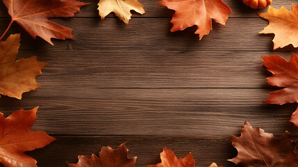 Obraz premium Autumn Leaves Frame on Rustic Wood, Perfect for Fall Greetings and Thanksgiving Designs