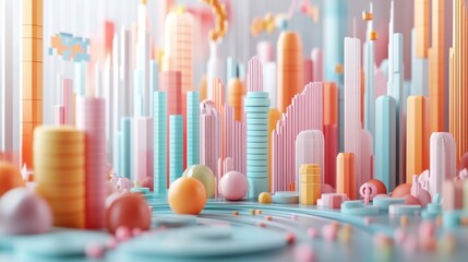 Obraz premium A vibrant, stylized cityscape featuring colorful geometric structures, playful shapes, and a whimsical atmosphere.