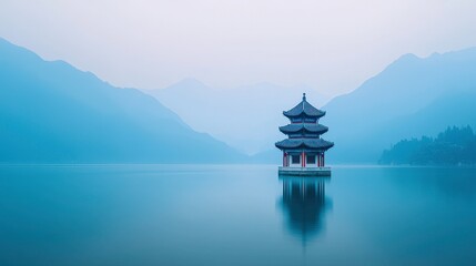 Obraz premium serene pagoda stands alone in middle of calm lake, surrounded by misty mountains, creating tranquil and peaceful atmosphere