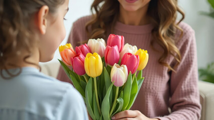 Cropped shot of daughter giving tulip bouquet to mother at home. Happy birthday greetings to mom, March 8, Mother's Day.
