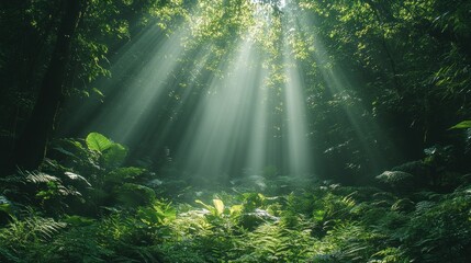 Obraz premium Serene forest scene with sunlight filtering through dense foliage, illuminating lush green undergrowth