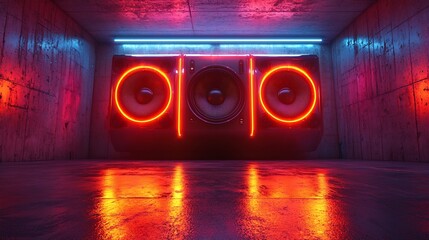 Neon-lit retro boombox in an urban setting with reflective floor and colorful lighting
