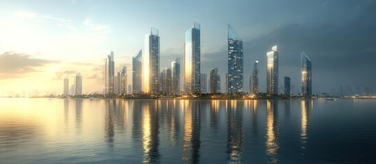 Fototapeta premium Coastal City Skyline Sunrise Reflection