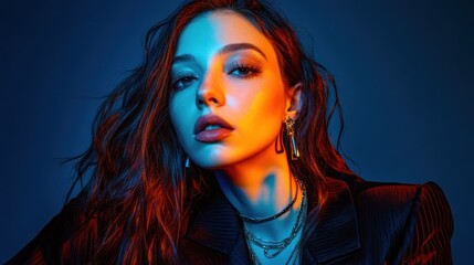 Fototapeta premium Woman, portrait, studio, colorful lighting, fashion