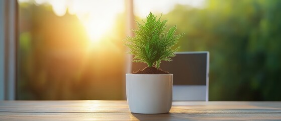 Small plant in white pot with businessman hand using modern computer on wooden desk in office setting