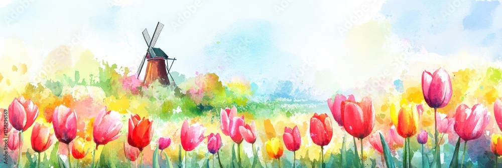 Poster Colorful tulip fields with a windmill in vibrant spring colors creating a serene landscape. Generative AI