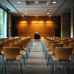 Fototapeta premium Empty conference room, wooden chairs, presentation setup, autumn light, corporate event