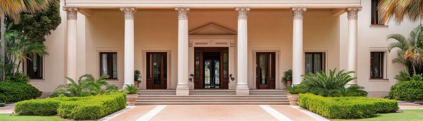 Obraz premium A grand entrance featuring tall columns, elegant architecture, and lush greenery, creating a welcoming and luxurious atmosphere.