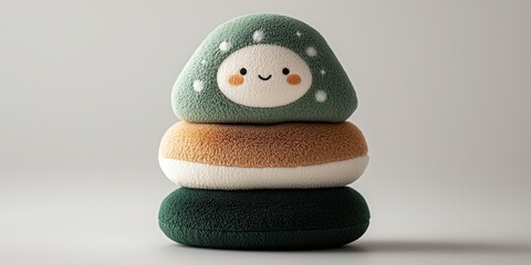 cute plush toy stack featuring smiling character with green top, beige middle, and dark green base, evoking sense of warmth and comfort