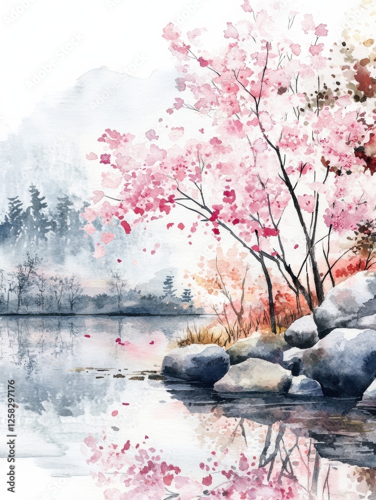 Poster serene cherry blossom landscape reflecting on calm water with rocks and trees in tranquil surroundin