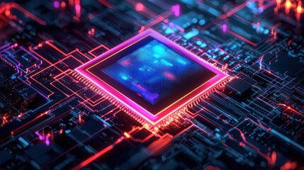 Obraz premium Glowing CPU on Circuit Board, Digital Data Flow, Tech Background, AI Concept