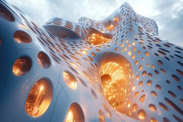 Futuristic building, city skyline, illuminated, organic architecture, design concept