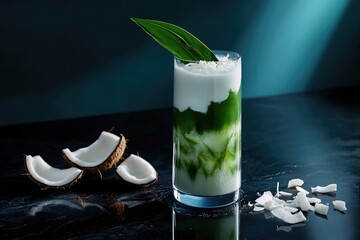 Dramatic pandang coconut milk tea served in a stunning transparent glass on a black quartz countertop with elegant garnishes