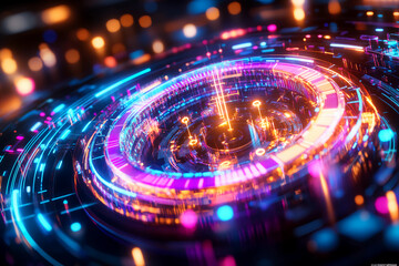 Quantum clock on digital interface with quantum entanglement visuals, showcasing the role of atoms in precise timekeeping, glowing neon colors and abstract digital design