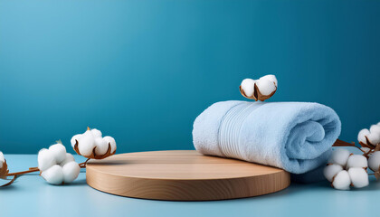 wooden round podium pedestal product presentation on blue background with cotton towels and branch of cotton
