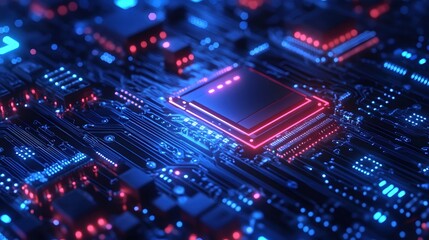 Obraz premium Futuristic Circuit Board with Glowing Components and Intricate Design in Blue and Red