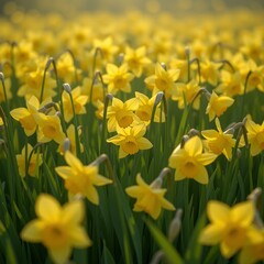 Obraz premium A vast field of vibrant yellow daffodils basking in the warm glow of the sun