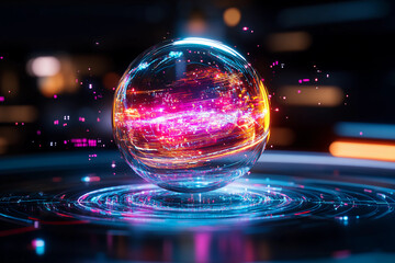 Quantum clock in a laboratory with particles suspended in an electromagnetic field, bright energy waves visualizing quantum timekeeping precision and digital readout