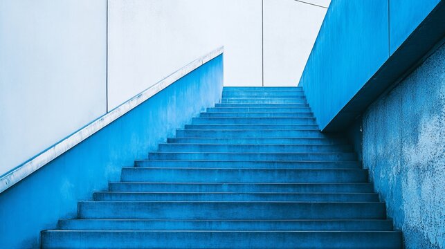 A set of blue concrete stairs ascend towards a bright, open space between two white walls.