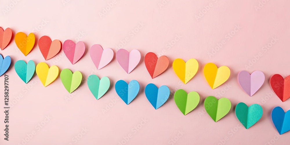 Poster a row of colorful hearts are lined up on a pink background