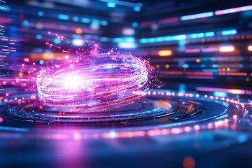 Quantum clock in a laboratory with particles suspended in an electromagnetic field, bright energy waves visualizing quantum timekeeping precision and digital readout