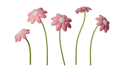 Bright and cheerful 3D pink flowers with vibrant green stems, perfect for spring-themed designs, invitations, or decor. Ideal for enhancing creativity.