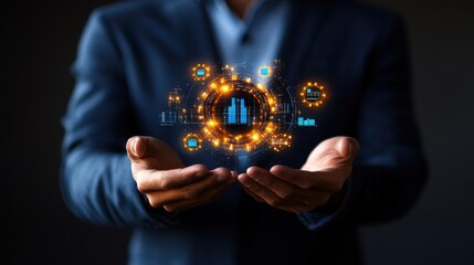 Businessman holding a virtual business card with technology and global network icons