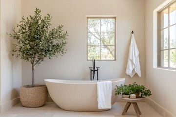 A serene bathroom featuring a freestanding tub, greenery, and natural light, creating a relaxing and inviting atmosphere.