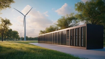 Green energy storage facility with wind turbine.