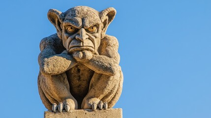 Stone Gargoyle Perched Outdoors, Blue Sky, Gothic Architecture