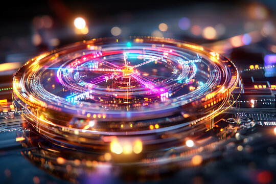 Quantum clock system embedded in microchip with fluctuating atoms and energy states, glowing light illuminating intricate structure for perfect accuracy