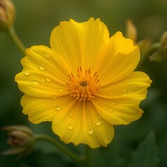Obraz premium A delicate yellow flower with water droplets glistening in the sunlight