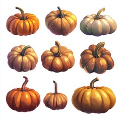 A collection of hand-drawn pumpkin squash, each with unique shapes and subtle texturing
