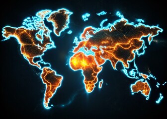 Neon World Map: Vibrant Blue & Orange Continents on Dark Background - Surreal Stock Photo