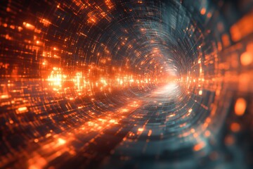 Obraz premium Orange digital tunnel, data stream, futuristic background, website banner