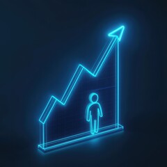 A futuristic 3D-rendered business concept featuring a transparent holographic ascending line graph with a person icon at the base, symbolizing employee performance and career growt